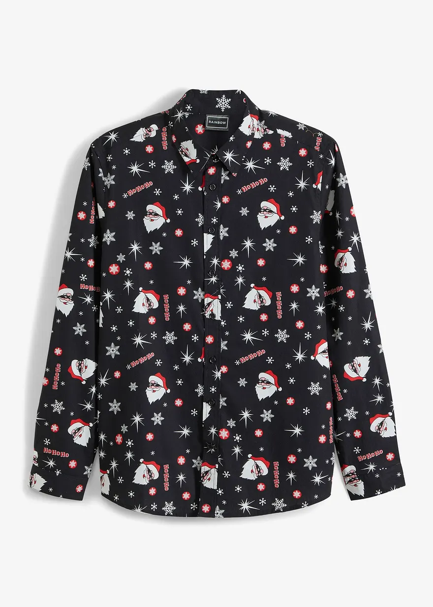 Langarmhemd mit Weihnachts-Druck aus reiner Baumwolle, Slim Fit in schwarz von vorne - bonprix