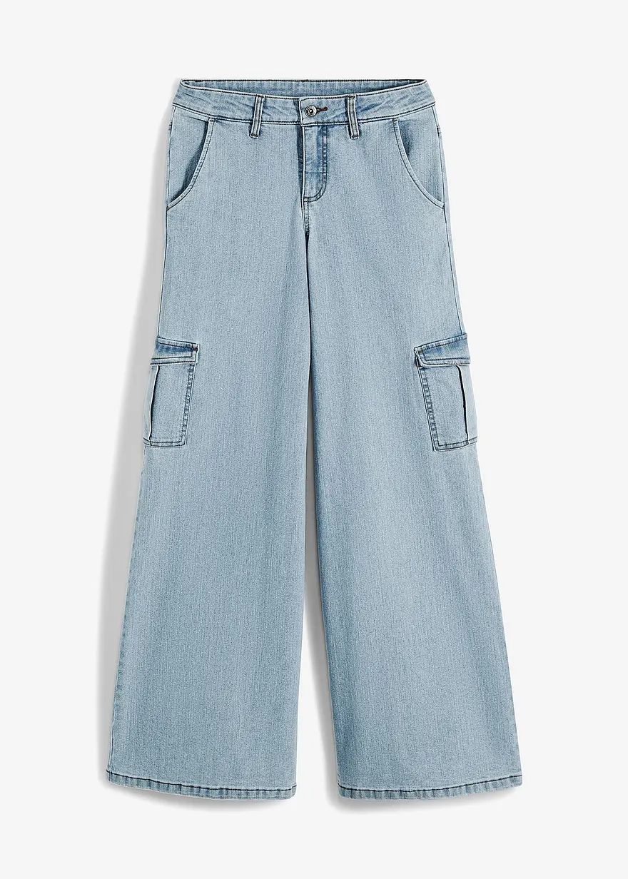 Cargo Jeans Mid Waist, Wide Leg in blau von vorne - bonprix
