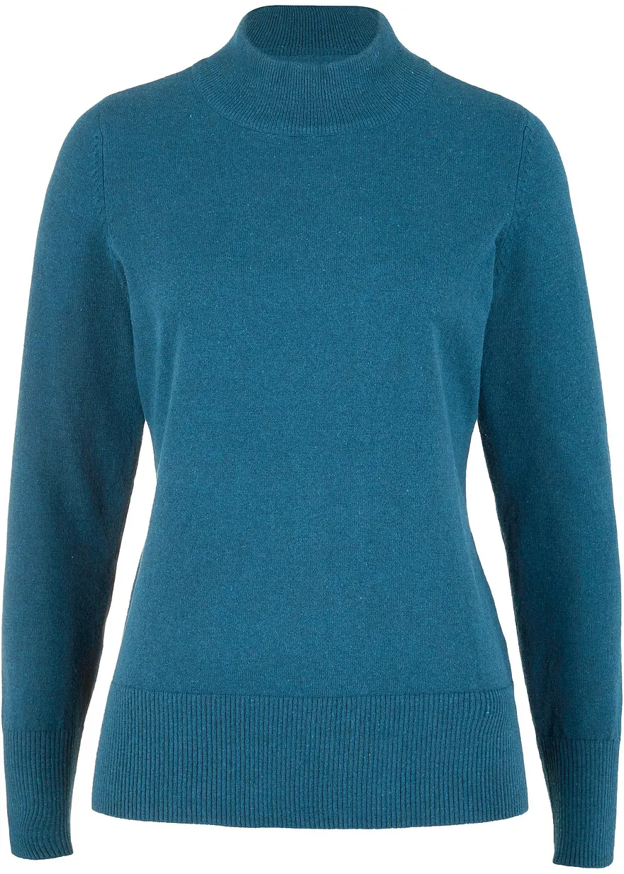 Basic Pullover mit Stehkragen mit recycelter Baumwolle in petrol von vorne - bonprix