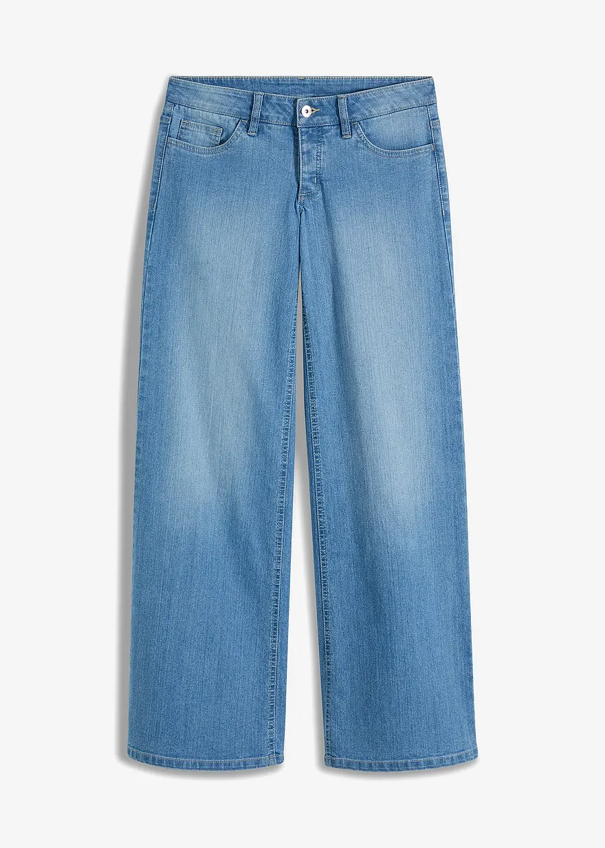 Wide-Leg-Jeans, Low Waist, Lang in blau von vorne - bonprix