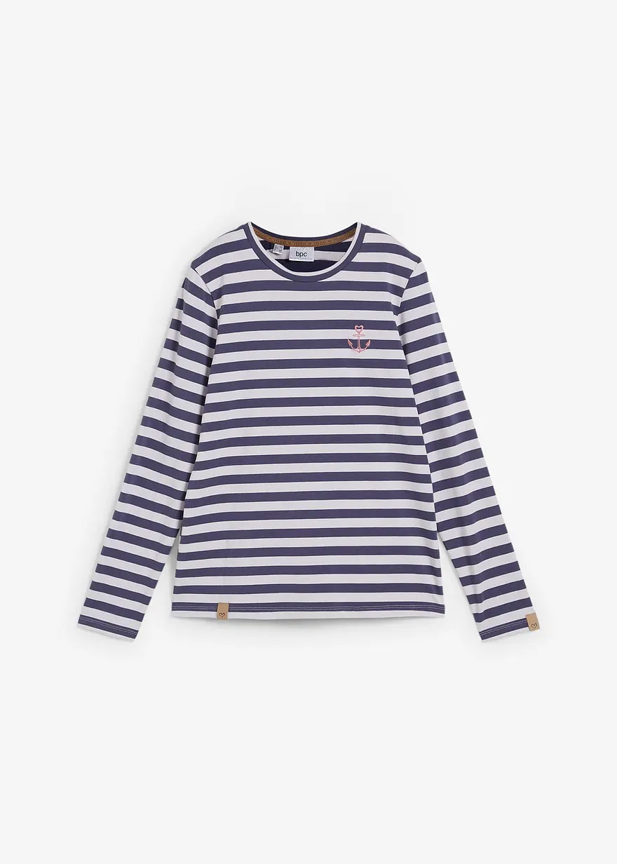 Gestreiftes Langarmshirt mit Stickerei in lila von vorne - bonprix