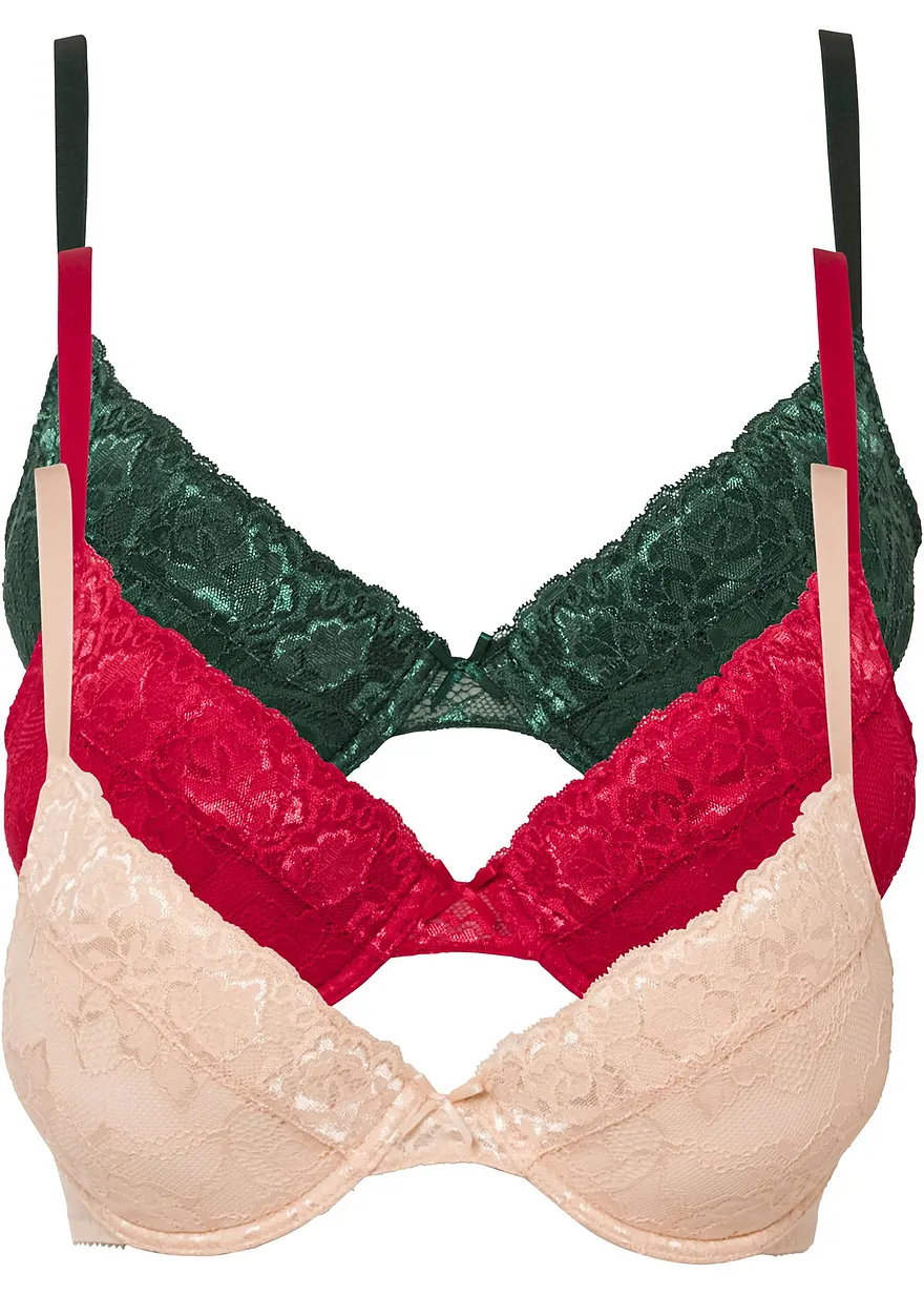 Push-up-BH mit feiner Spitze (3er Pack) in rosa von vorne - bonprix