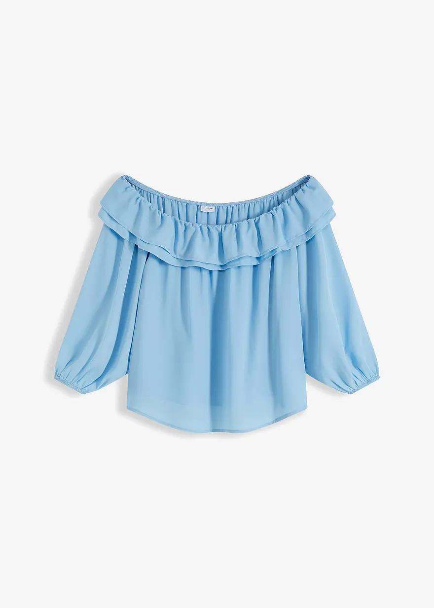 Carmenbluse aus recyceltem Polyester in blau von vorne - bonprix