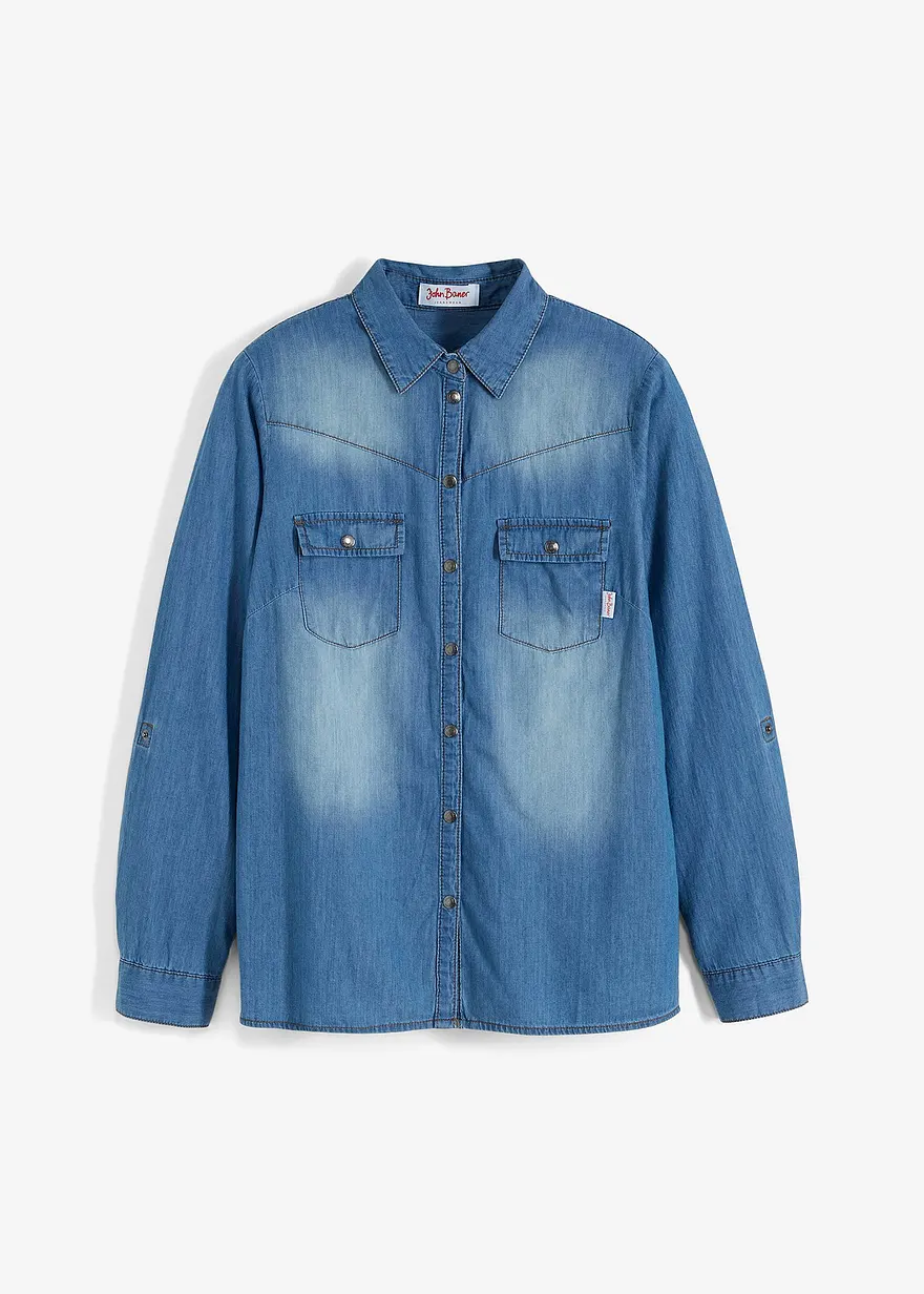 Jeansbluse mit Druckknöpfen, Langarm in blau von vorne - bonprix