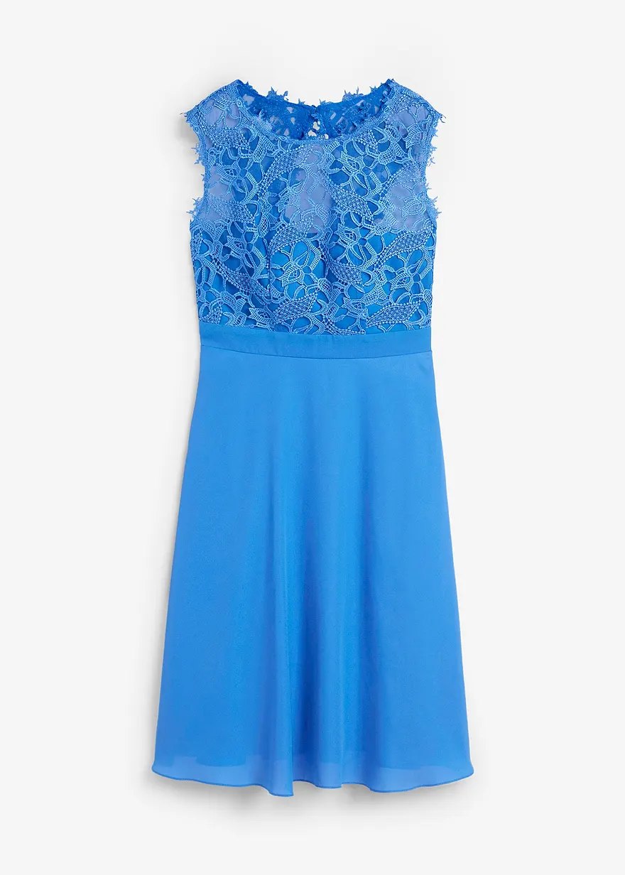 Minikleid aus feinem Chiffon mit Spitze in blau von vorne - bonprix