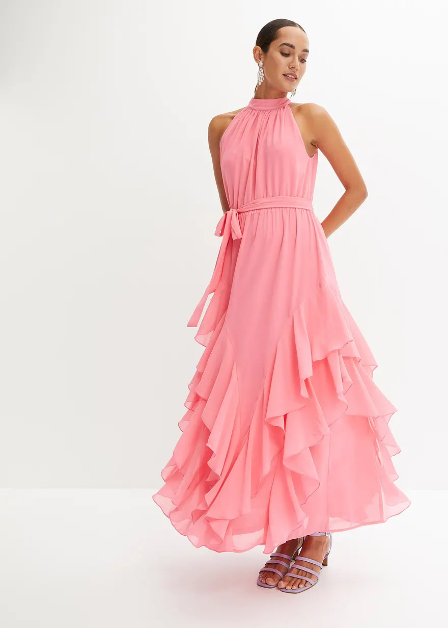Chiffonkleid mit Volants in pink von vorne (Totalaufnahme) - bonprix