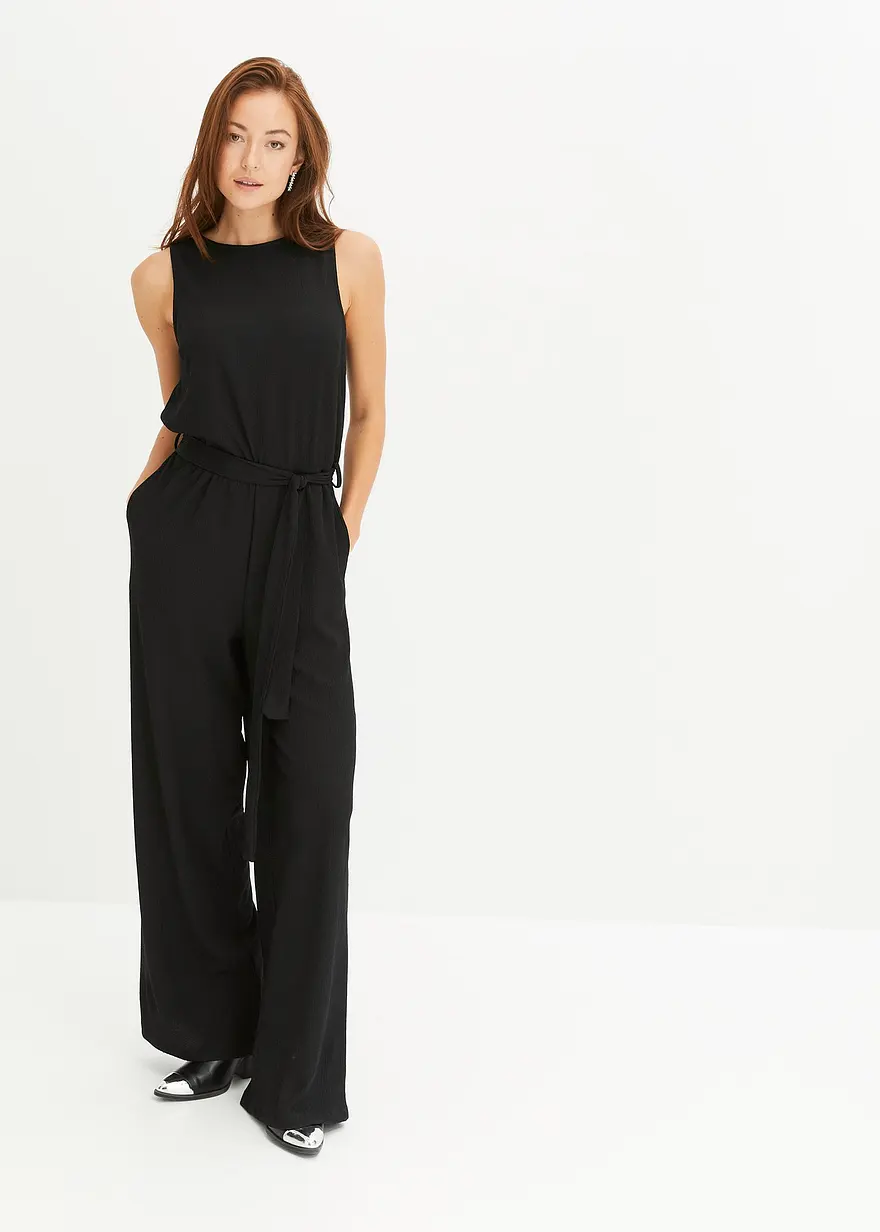 Jersey-Jumpsuit aus strukturiertem Crêpe in schwarz von vorne (Totalaufnahme) - bonprix