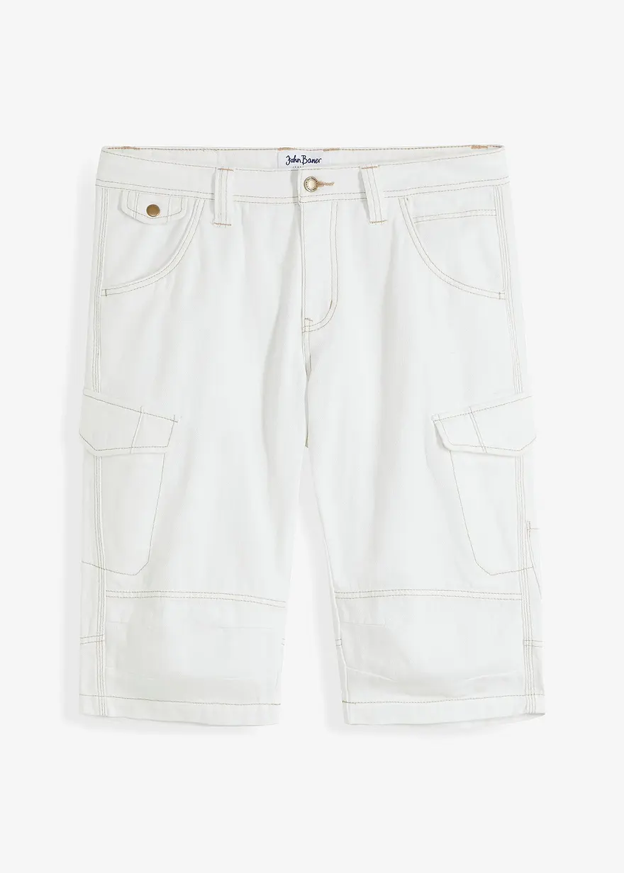 Leichte Jeans-Long-Cargobermuda, Relaxed Fit in weiß von vorne - bonprix