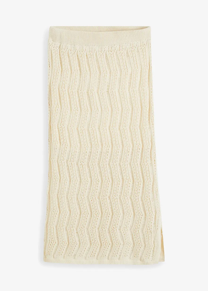 Midirock mit Lochstrickmuster in beige von vorne - RAINBOW