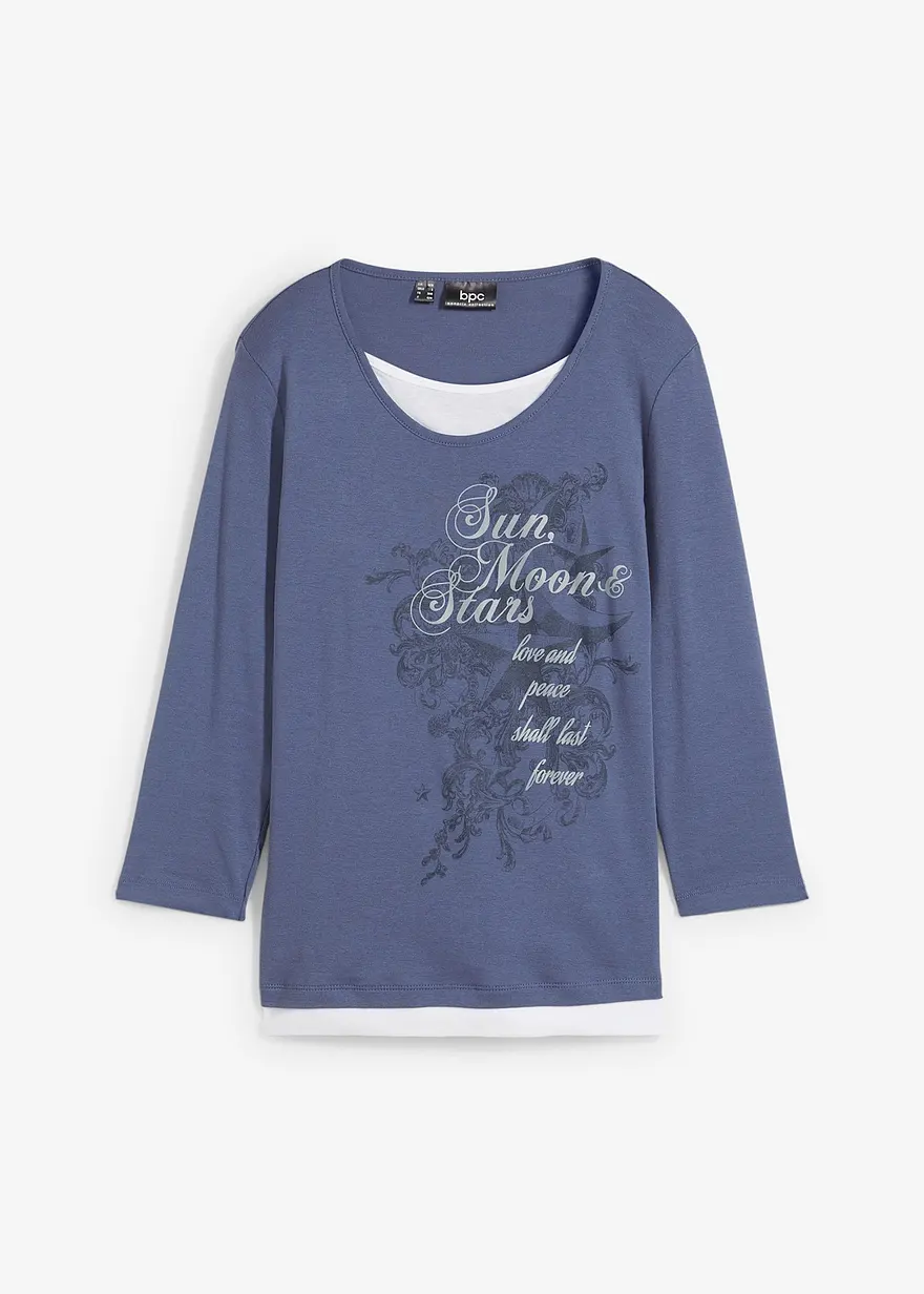 2 in 1 Baumwoll-Shirt, 3/4-Arm in blau von vorne - bonprix