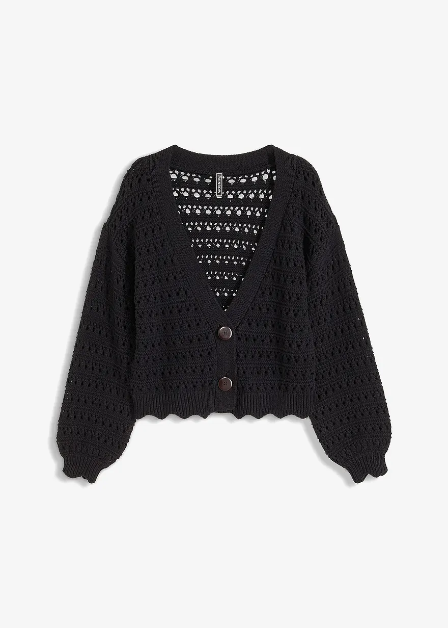 Ajour-Strickjacke aus reiner Baumwolle in schwarz von vorne - bonprix