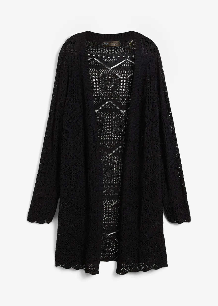 Ajour Longstrickjacke in schwarz von vorne - bonprix