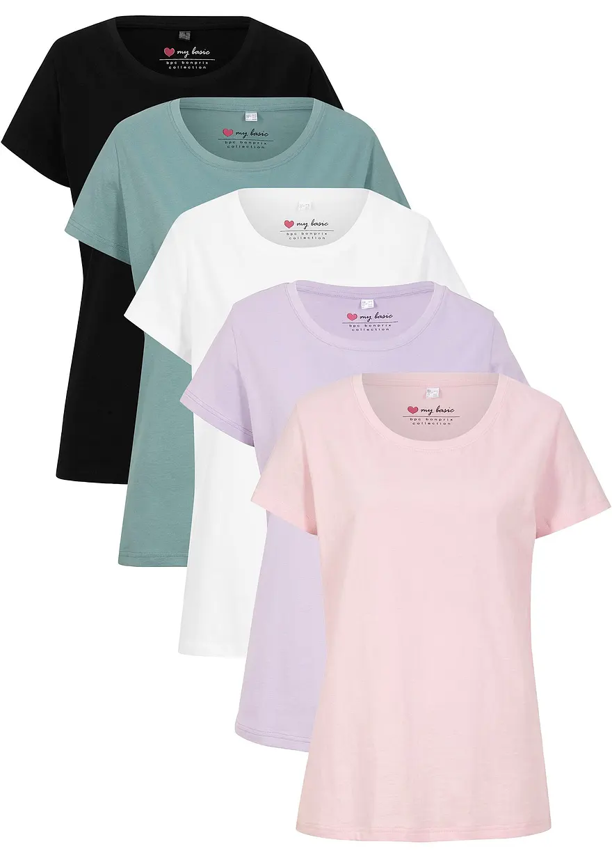 Rundhals-Shirt, Kurzarm (5er Pack) in lila von vorne - bonprix