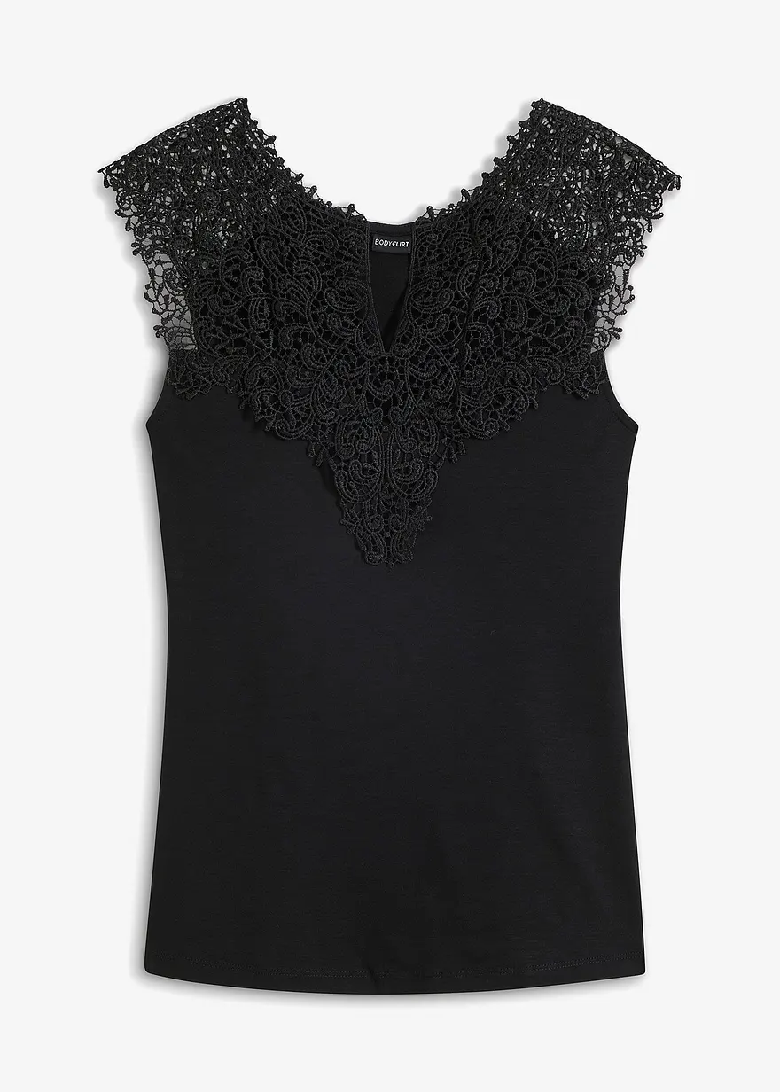 Shirt mit Spitze in schwarz von vorne - bonprix