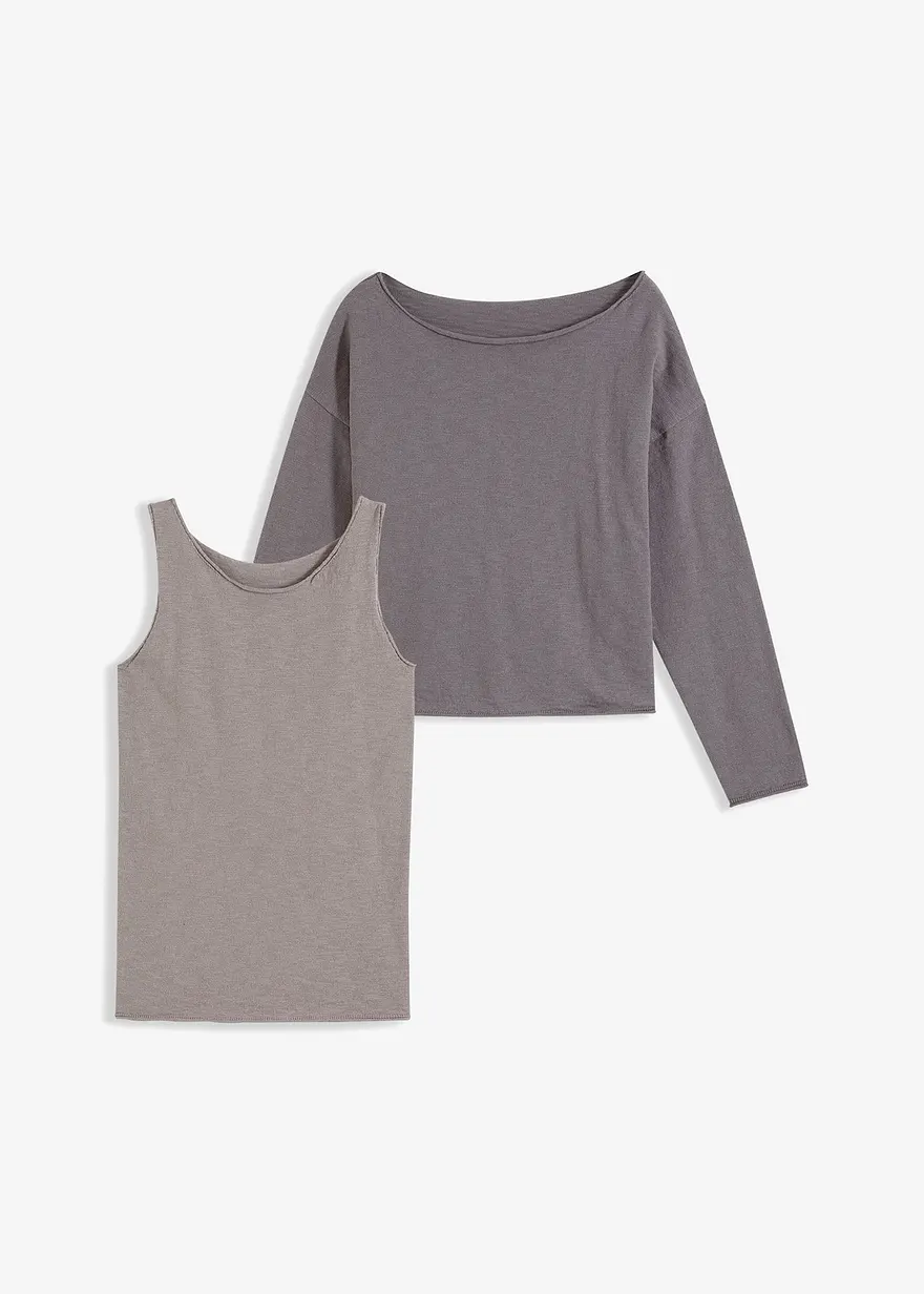 Pullover und Top aus reiner Baumwolle (2-tlg.Set) in grau von vorne - bonprix
