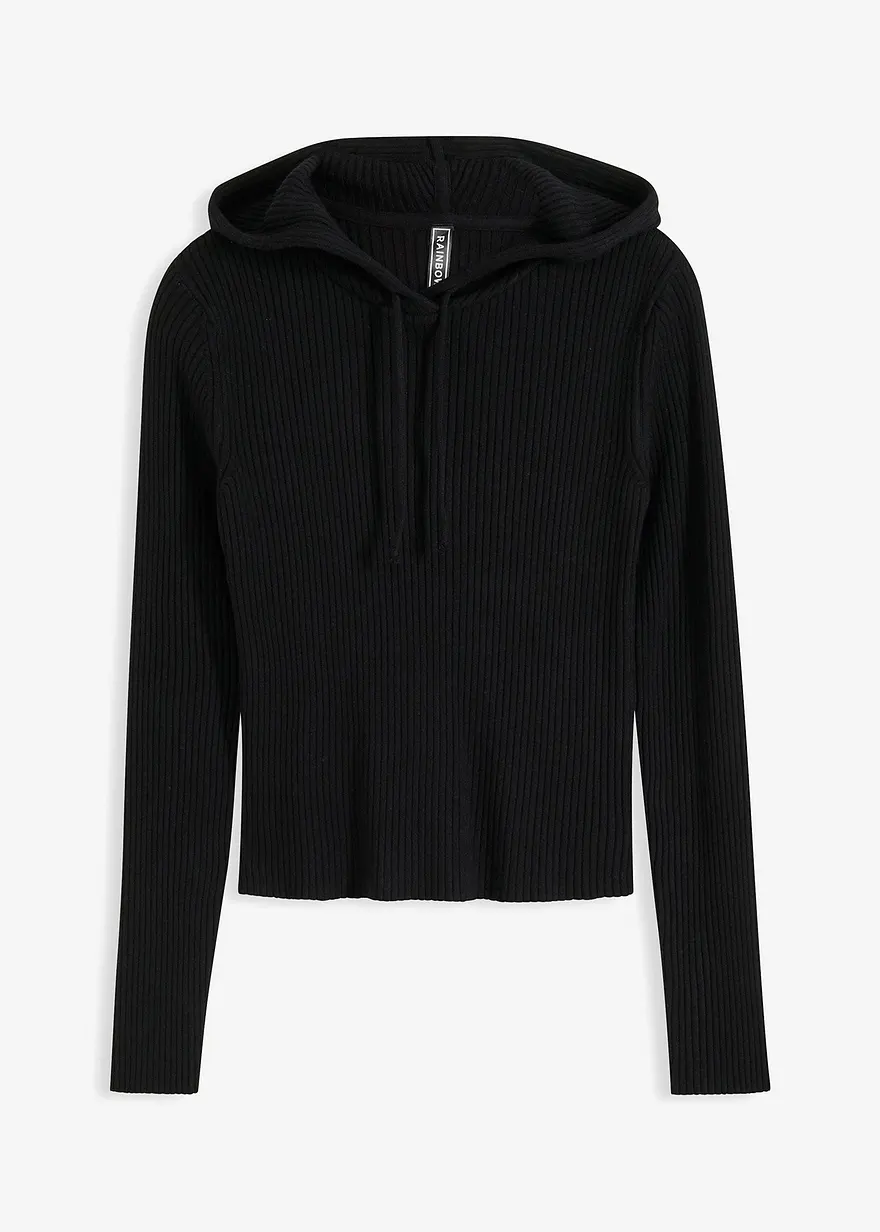 Feinstrickpullover mit Kapuze in schwarz von vorne - bonprix
