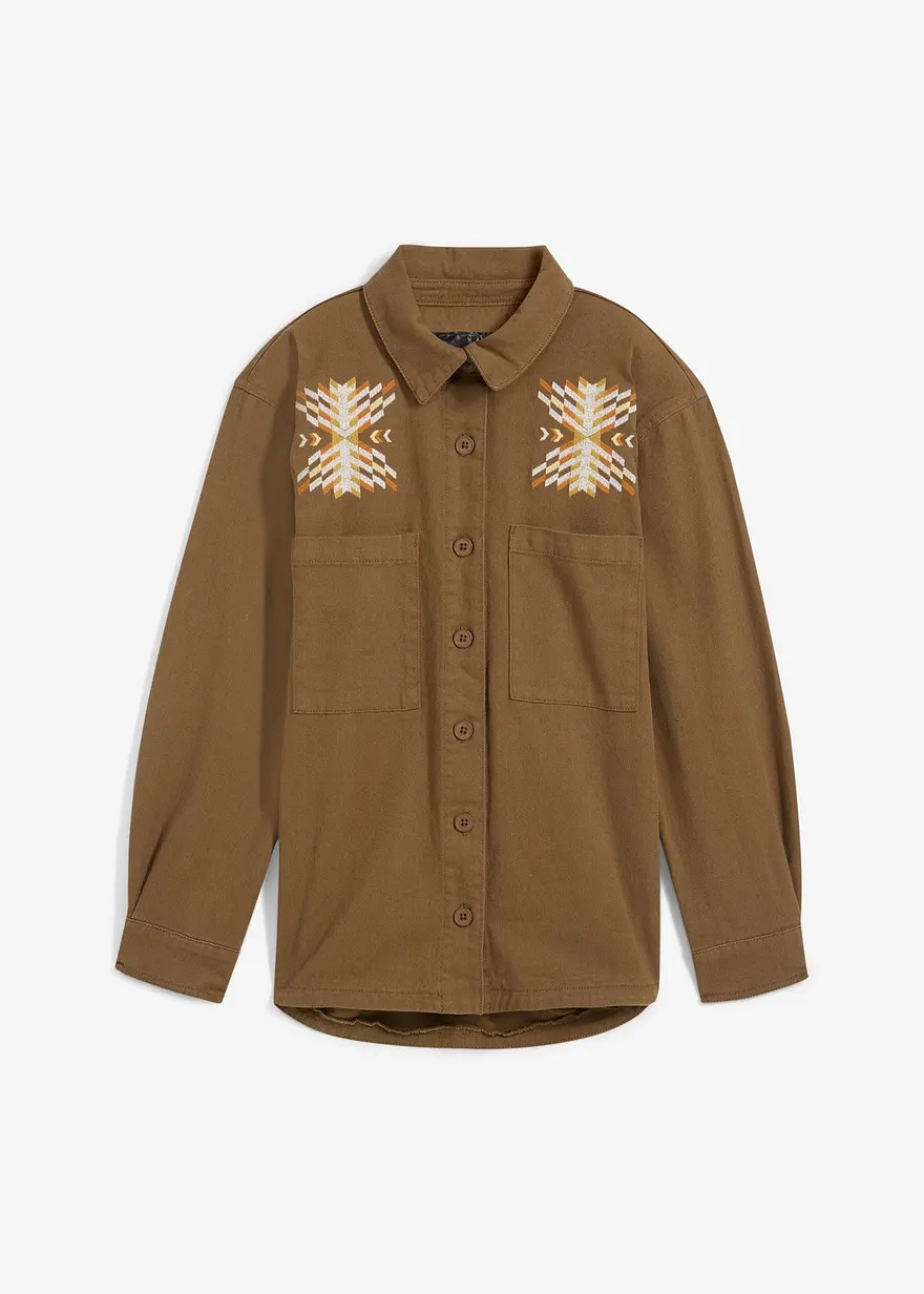 Weite Jeansjacke mit Stickerei in grün von vorne - bonprix