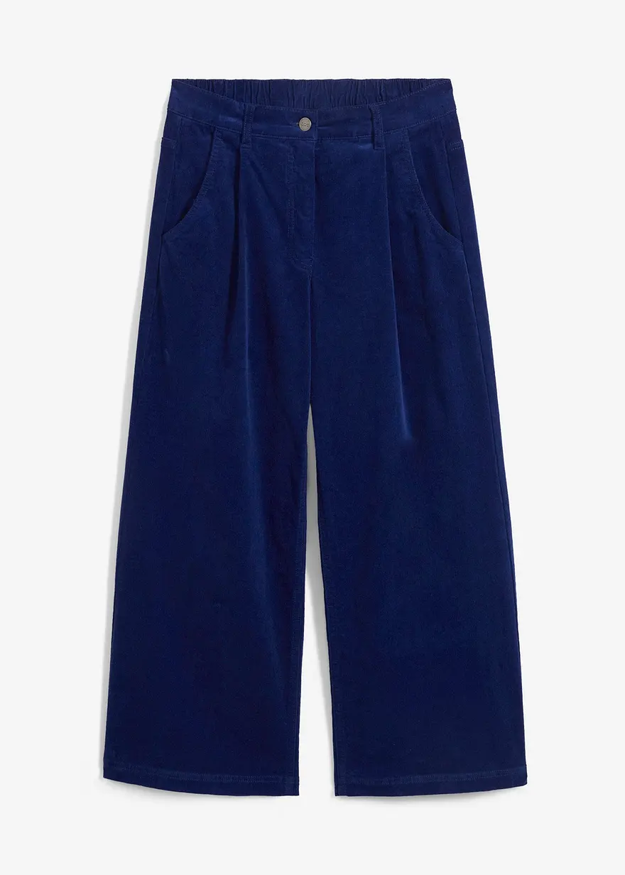 Weite Stretchcord-Culotte mit High-Waist-Bequembund, 7/8-Länge in blau von vorne - bonprix