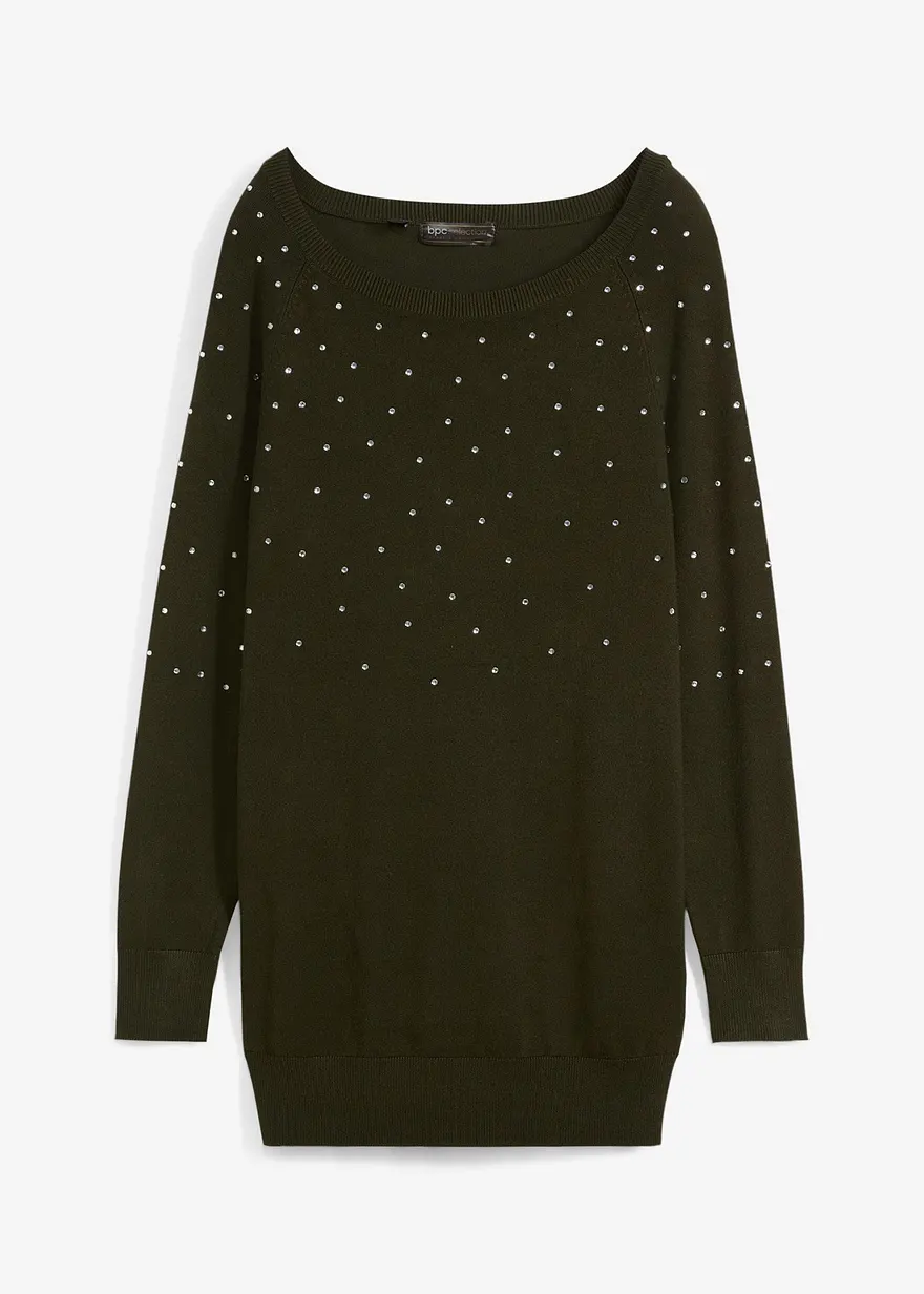 Long-Pullover mit Glitzersteinen in grün von vorne - bonprix