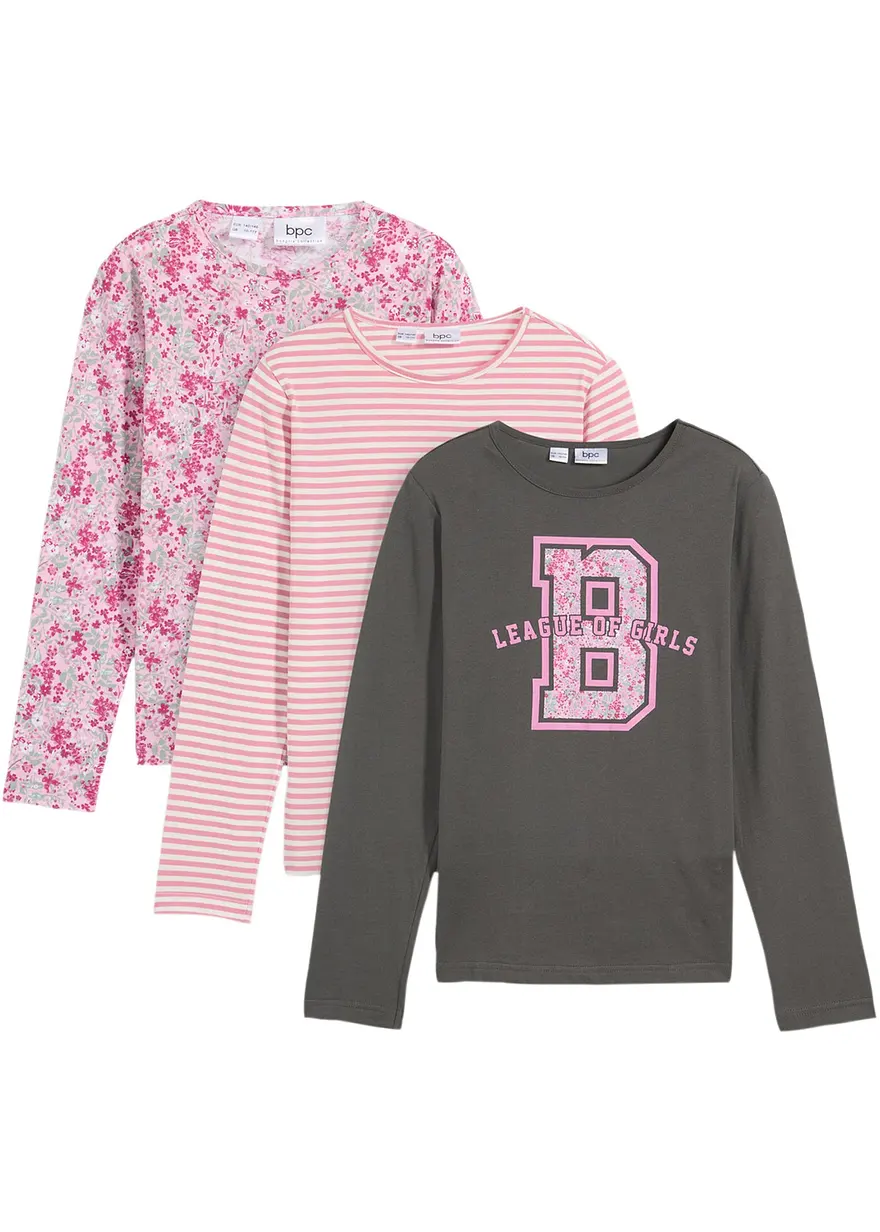 Langarmshirt aus reiner Bio-Baumwolle (3er Pack) in pink von vorne - bonprix