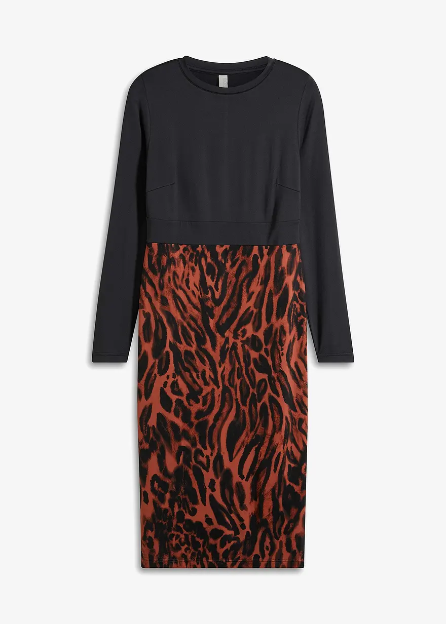 Jerseykleid mit bedrucktem Rockteil in braun von vorne - bonprix