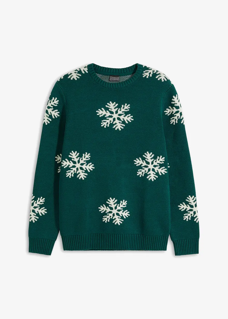 Pullover mit Winter-Motiv und recycelter Baumwolle in grün von vorne - bonprix