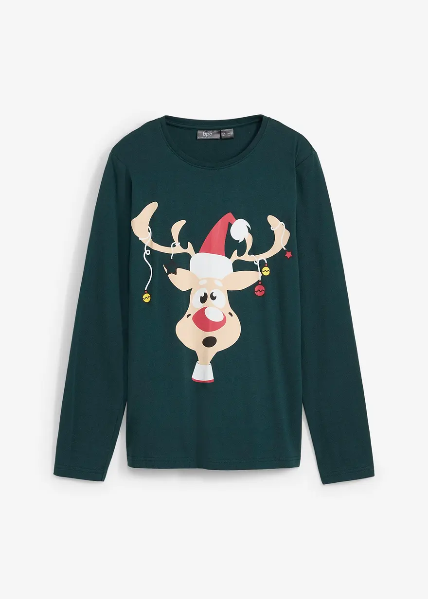Langarmshirt mit Weihnachtsmotiv aus reiner Bio-Baumwolle in grün von vorne - bonprix