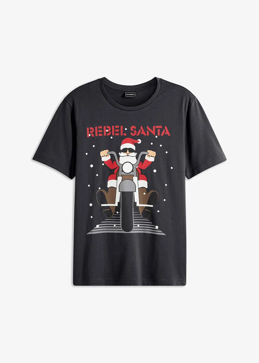 T-Shirt mit Weihnachtsmotiv aus reiner Bio-Baumwolle in schwarz von vorne - bonprix