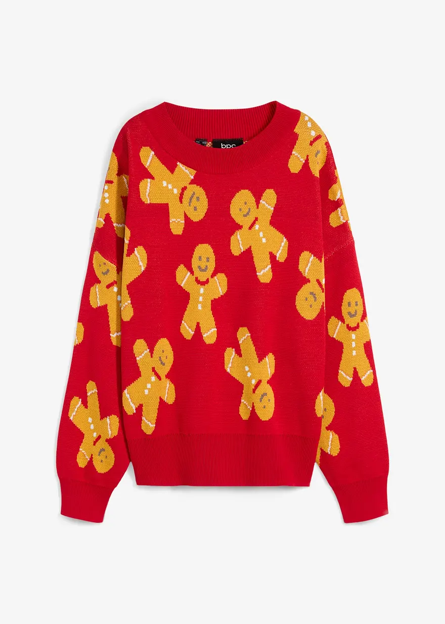 Feinstrickpullover mit Rundhals, oversized in rot von vorne - bonprix