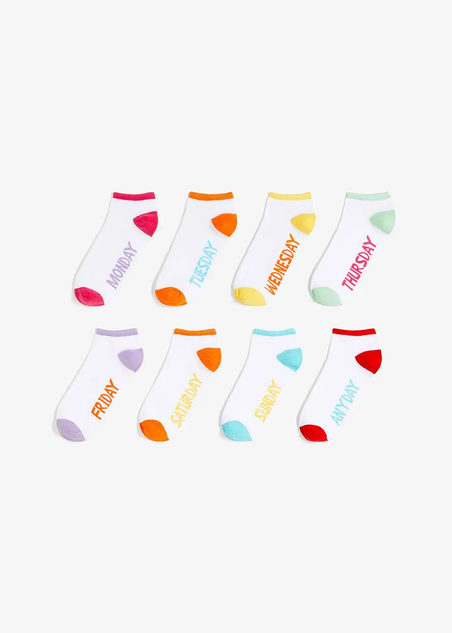 Sneaker Socken Wochentage (8er Pack) mit Bio-Baumwolle in weiß von vorne - bonprix