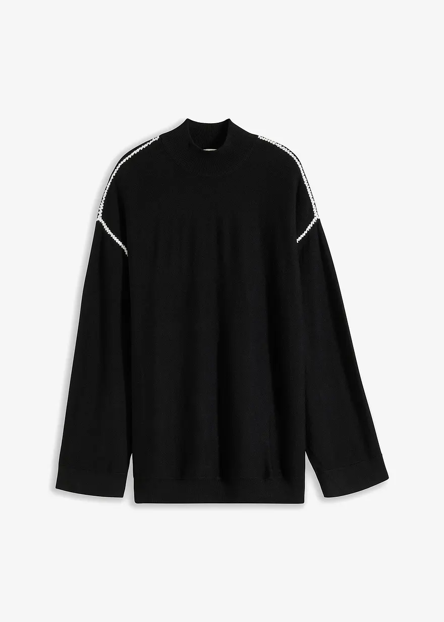 Boxy-Pullover mit Zierstich aus Viskose-Mix in schwarz von vorne - bonprix
