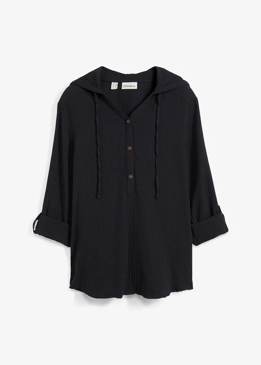 Musselin-Bluse aus reiner Baumwolle in schwarz von vorne - bonprix