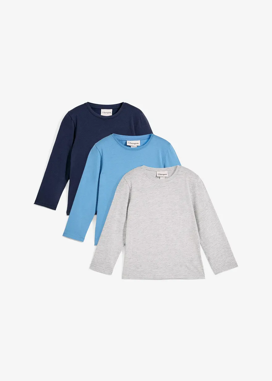 Langarmshirt mit Bio-Baumwolle (3er Pack) in blau von vorne - bonprix