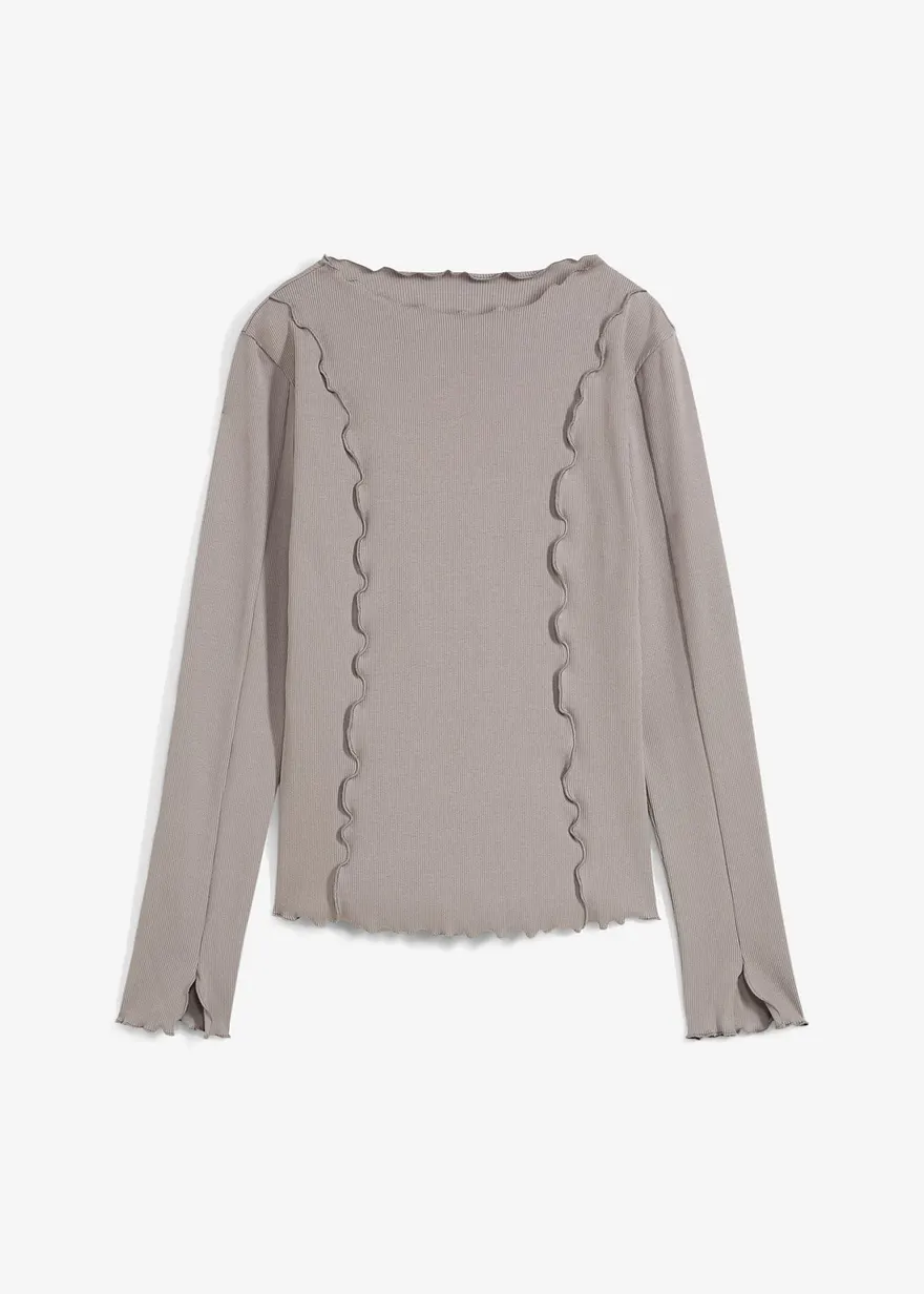 Geripptes Langarmshirt mit offenen Kanten in grau von vorne - bonprix