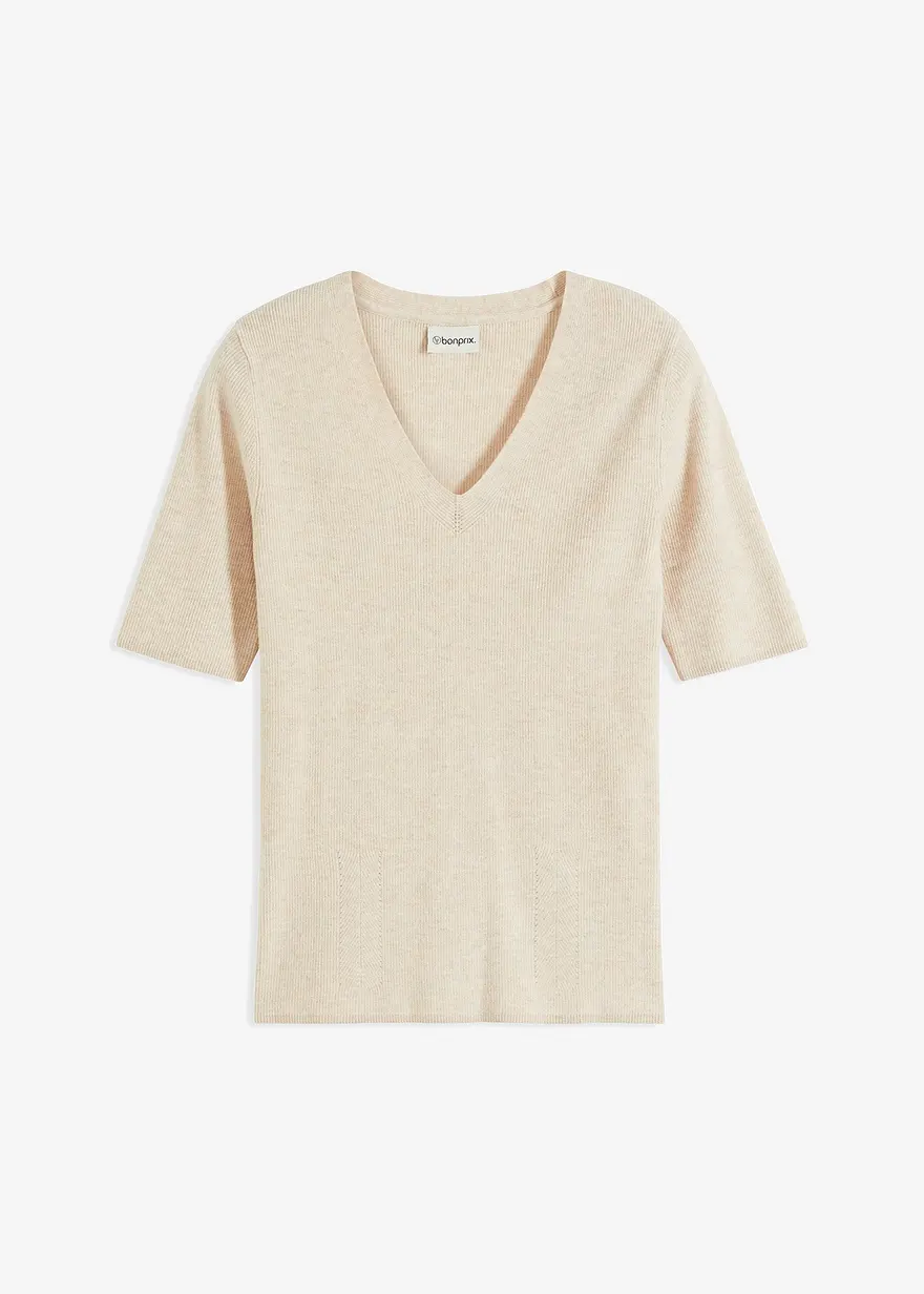 Kurzarm- Rippenpullover mit Viskose in beige von vorne - bonprix