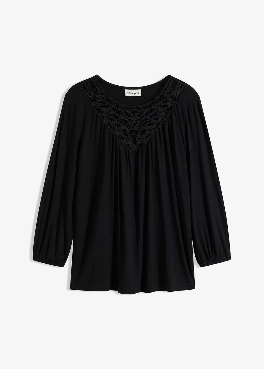 Jersey-Shirt mit Spitzeneinsatz in schwarz von vorne - bonprix