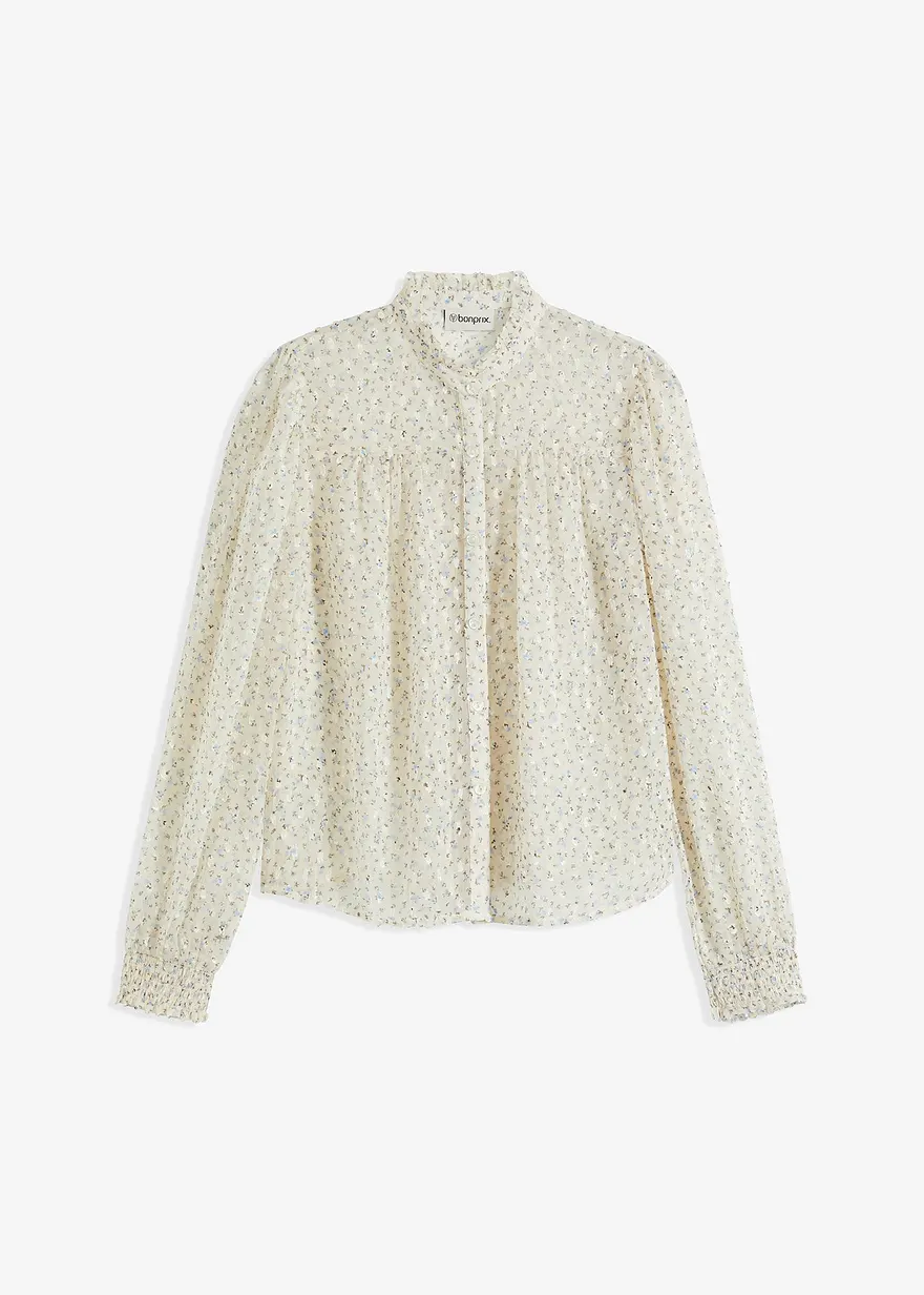 Bedruckte Chiffonbluse mit Rüschen in beige von vorne - bonprix