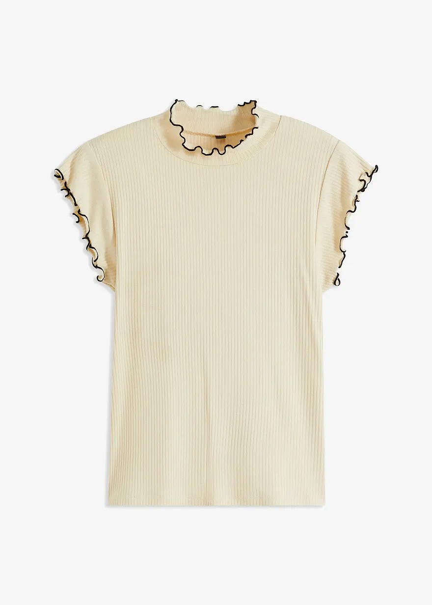 Rippshirt mit Kräuselabschlüssen in beige von vorne - bonprix