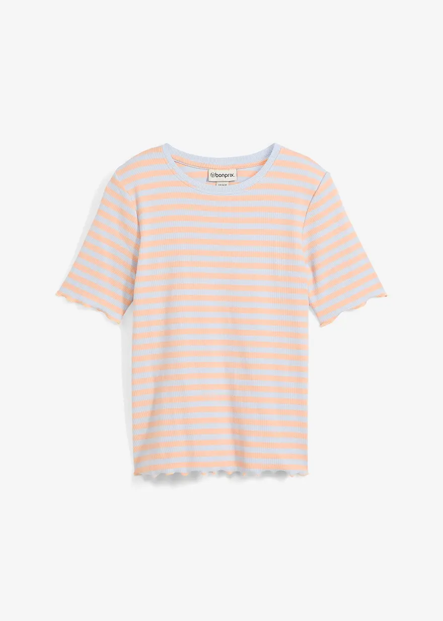 Geripptes Kurzarmshirt in blau von vorne - bonprix