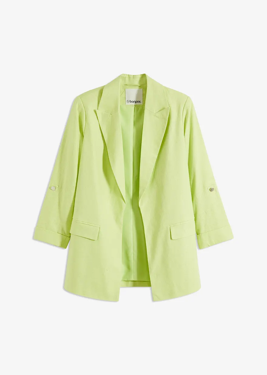 Leinen Blazer mit gerafften Ärmeln in grün von vorne - bonprix