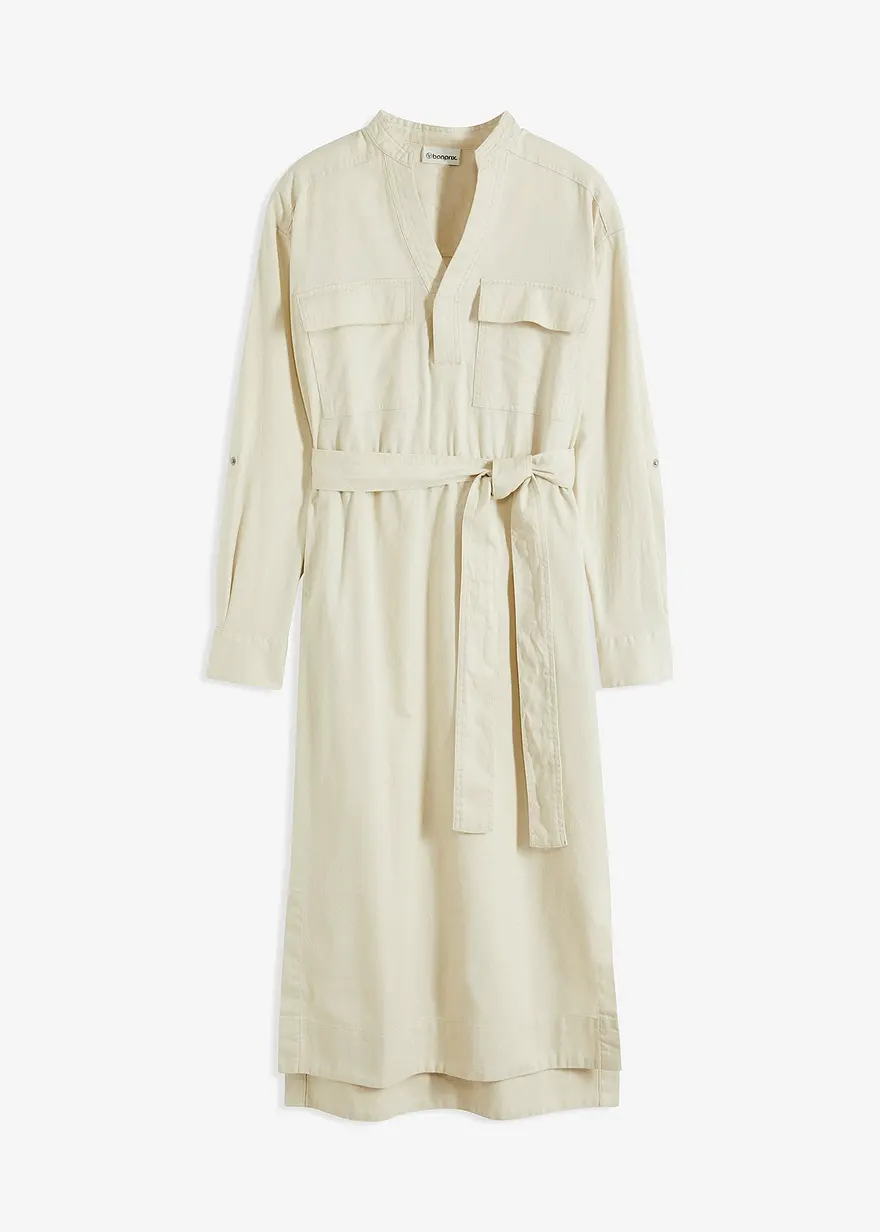 Hemdblusenkleid in Midi-Länge in beige von vorne - bonprix