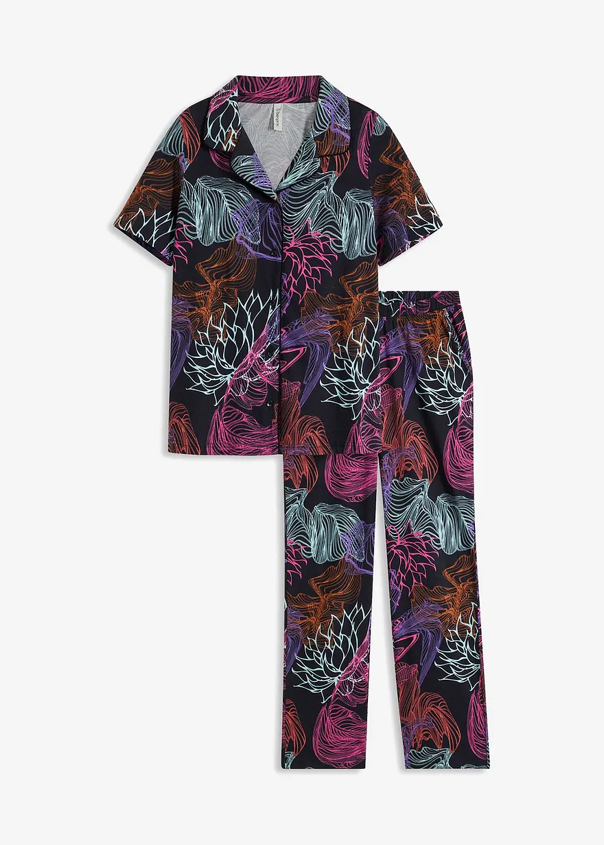 Pyjama mit Knopfleiste in schwarz von vorne - bonprix