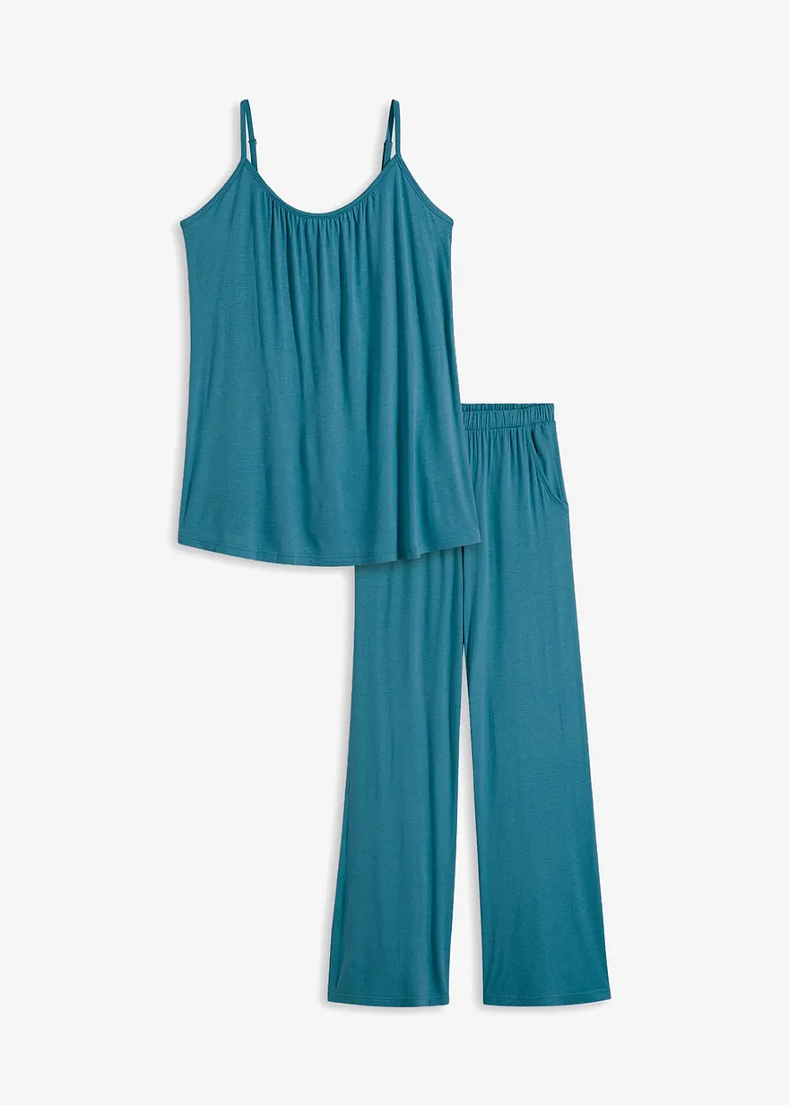 Pyjama mit Spaghettiträgern und Viskose in petrol von vorne - bonprix