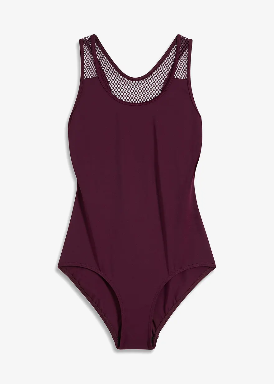 Badeanzug mit transparenten Einsätzen in lila von vorne - bonprix