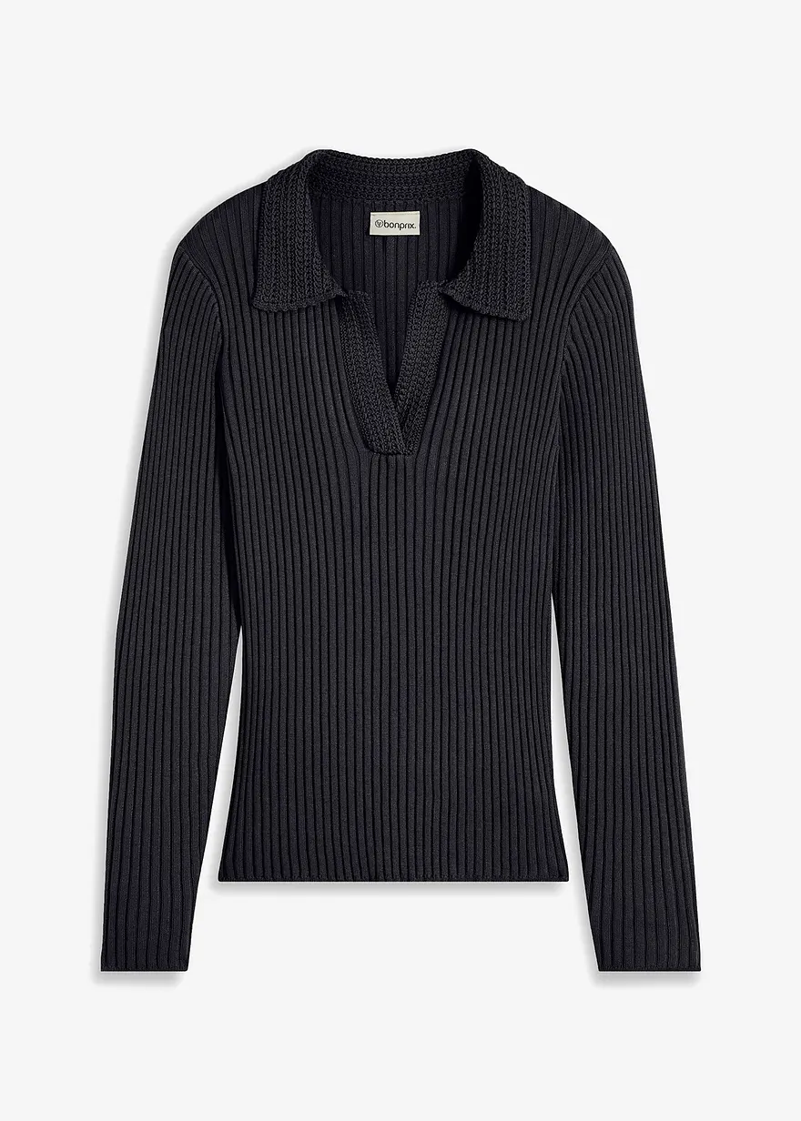 Feinstrickpullover mit schmückendem Kragen in schwarz von vorne - bonprix