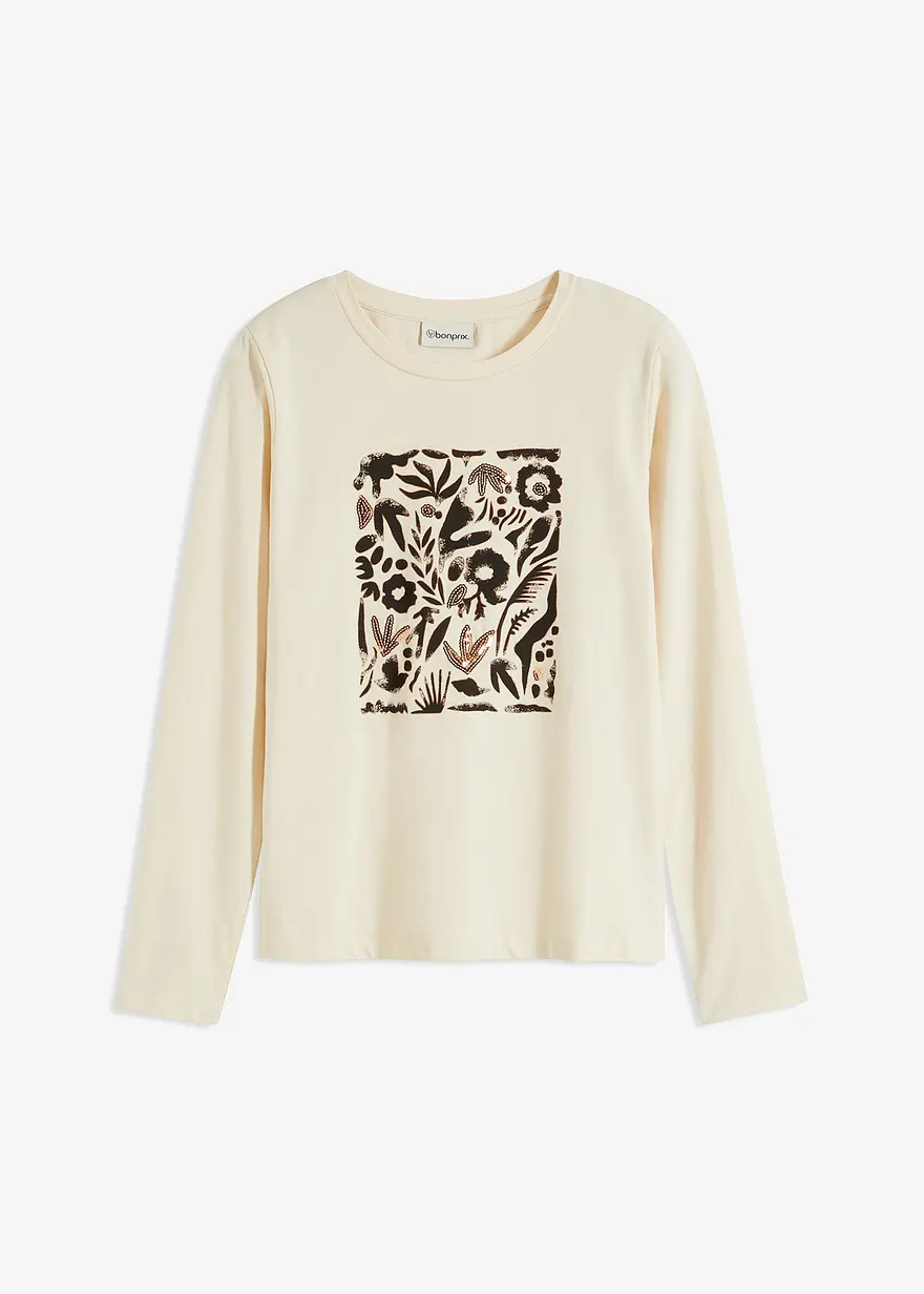 Langarmshirt mit Bio-Baumwolle in beige von vorne - bonprix