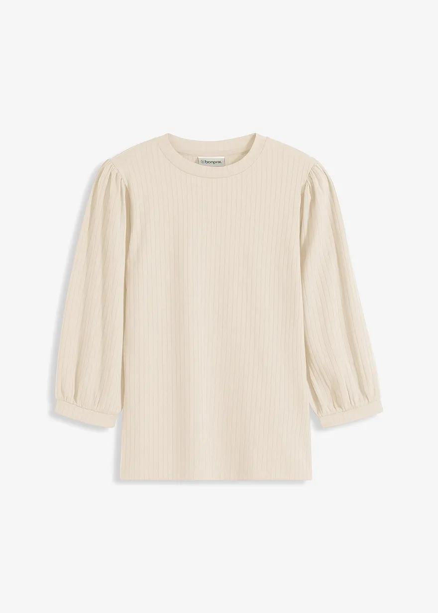 Rippshirt mit Ballonärmel in beige von vorne - bonprix