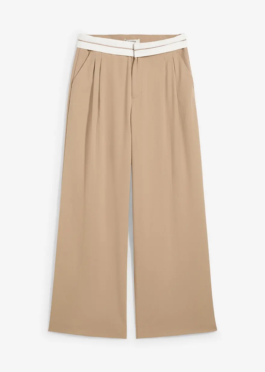 Bundfaltenhose mit Kontrastbund in beige von vorne - bonprix