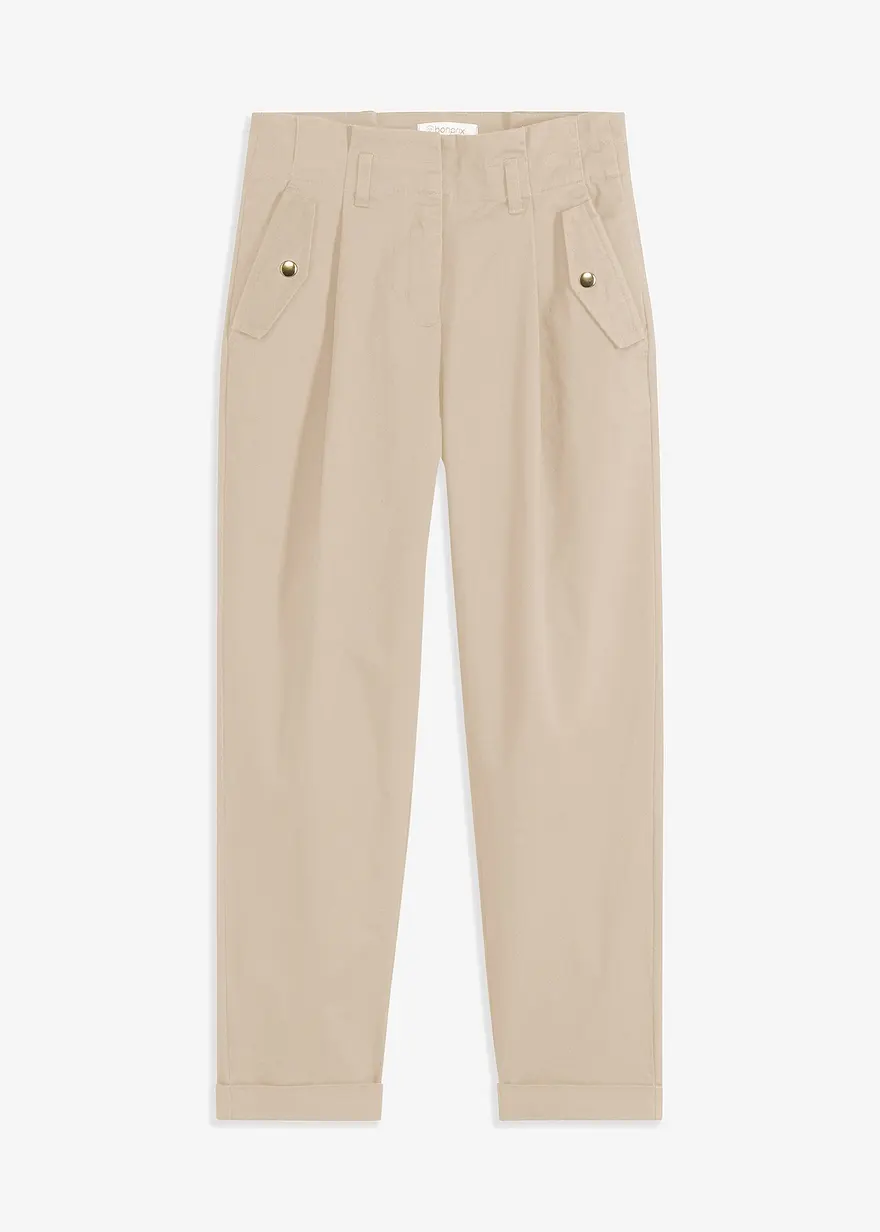 Leichte Paperbag Twillhose in beige von vorne - bonprix