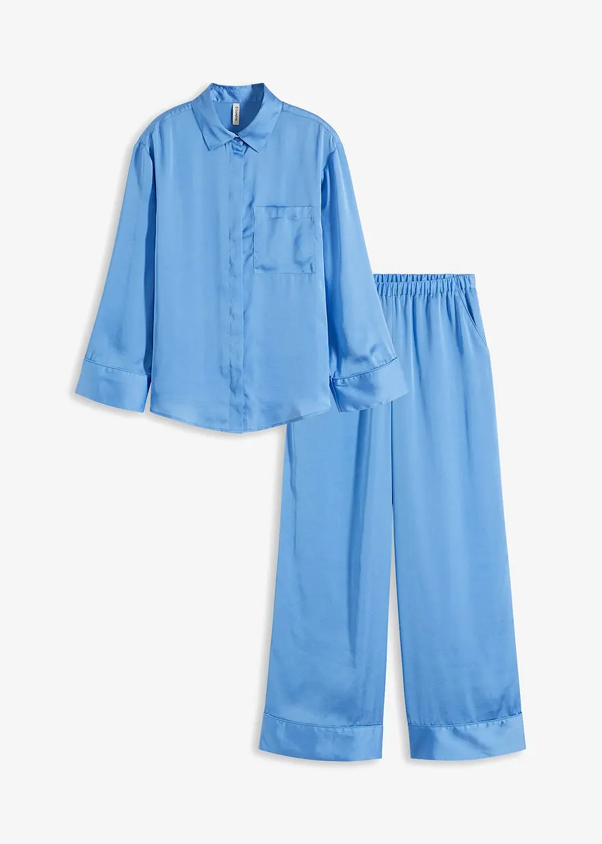 Gewebter oversized Pyjama aus Satin in blau von vorne - bonprix